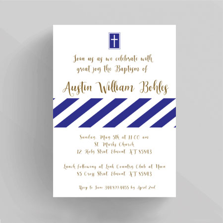 Navy Stripes Christening Baptism Invitation